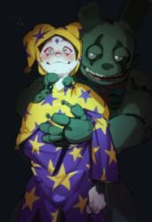 2025 5_fingers absurd_res animatronic anthro anthro_on_anthro black_body black_fur bodily_fluids bulge canon_x_oc claws clothed clothed_anthro clothed_male clothing clown detailed_bulge domestic_cat duo erection erection_under_clothing felid feline felis finger_claws fingers five_nights_at_freddy's five_nights_at_freddy's_3 flying_sweatdrops fool's_hat fur green_body green_nose green_sclera grey_claws grey_eyes half-closed_eyes hand_on_chest hand_on_hand hat headgear headwear hi_res interspecies kogito lagomorph leporid looking_aside machine male male/male male_anthro mammal mouth_closed multicolored_body multicolored_clothing multicolored_fur multicolored_robe narrowed_eyes neck_grab nervous nude nude_anthro nude_male open_mouth pattern_clothing pattern_hat pattern_headgear pattern_headwear pattern_robe penis penis_outline pupils purple_clothing purple_hat purple_headwear purple_robe rabbit robe robot scottgames shaking springtrap_(fnaf) sweat sweatdrop sweaty_face teeth trembling two_tone_body two_tone_fur two_tone_hat two_tone_robe undead white_body white_fur white_pupils yellow_clothing yellow_eyes yellow_hat yellow_headwear yellow_robe