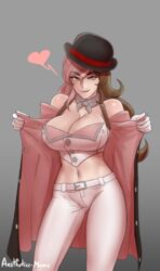 aestheticc-meme big_breasts brown_eyes brown_hair cleavage clothing crop_top female fully_clothed heart heart-shaped_pupils looking_at_viewer midriff multicolored_hair neo_(rwby) pants pink_eye pink_hair presenting rwby solo