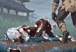 2others ai_generated ambiguous_gender ass bare_shoulders bodysuit braid breasts cameltoe closed_eyes dark-skinned_male defeat defeated_heroine female genshin_impact hair_over_one_eye hilichurls_(species) long_hair male monster open_mouth rain raining ryona shenhe_(genshin_impact) silver_hair single_braid skin_tight top-down_bottom-up torn_clothes very_long_hair