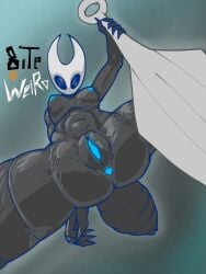 anthro anus arthropod arthropod_abdomen belly bitewack black_body breasts digital_drawing_(artwork) digital_media_(artwork) female first_person_view genitals glowing glowing_genitalia glowing_nipples hi_res hollow_knight hornet_(hollow_knight) looking_at_viewer looking_down looking_down_at_viewer nail_(weapon) nipples shaded simple_background simple_shading solo solo_focus team_cherry vulva