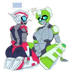 2025 2d 2d_(artwork) alien_girl alien_humanoid arcee ass big_ass big_penis fat_cock female freakyyto futanari greenlight intersex looking_at_another penis robot_girl robot_humanoid shocked_expression showing_off transformers