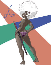 afro artist_name artist_signature ass back back_view bare_shoulders barefoot big_lips breasts dark-skinned_female dark_skin flower flower_in_hair grin hair_over_one_eye hands_on_hips hips katana lips nintendo nintendo_switch no_more_heroes panties partially_clothed pixiv purple_eyes shinobu_jacobs sideboob sword thighs underwear waist white_hair