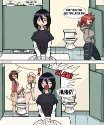 4futas alice_(tingalinguy) caught caught_in_the_act erection frottage frotting futa_on_futa futanari intersex lindsay_(tingalinguy) original original_characters penis public public_sex restroom_stall rubbing_penis skye_(tingalinguy) tingalinguy violet_(tingalinguy)