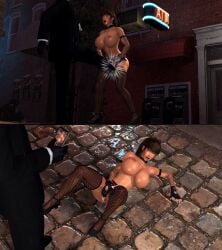 1boy 1girls 3d 3d_(artwork) about_to_be_raped about_to_cum aroused between_legs big_breasts black_hair blackmail breasts camera collar cuntbust cuntbusting dead_or_alive defeated defeated_heroine erect_nipples exhibitionism female groin_attack groin_kick heels helpless hiding_pussy highres hitomi_(doa) holding_pussy incoming_attack kick_in_the_crotch kicking laying_down leaking_pussy male outdoors pain panties phone_screen policewoman ponytail public_nudity pussy ryona sadism scelusnizer spread_legs stockings sweat tagme thick_thighs thighs topless