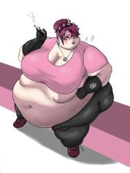 belly belly_fat belly_fetish belly_focus belly_overhang big_belly deep_navel exposed_fat_belly fat fat_belly fat_female fat_fetish fat_thighs female female_focus female_only gloves leggings lipstick morbidly_obese_female obese op34720081 overweight_female punk_girl smoking