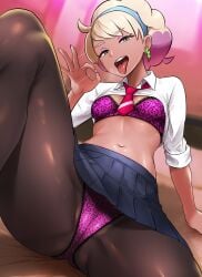 1girls bimbo blonde_hair blue_skirt bottomwear bra ear_piercing earrings eyeshadow fellatio_gesture female female_only game_freak gyaru hair i_b_(yaun2242) lace-trimmed_bra lace-trimmed_panties leopard_print leopard_print_bra leopard_print_panties nail_polish nails necktie neckwear panties pantyhose peonia_(pokemon) pink_eyeshadow pink_nail_polish pink_nails pink_panties pokemon pokemon_sv purple_bra saliva sexually_suggestive shirt shirt_up skirt solo solo_female thighs tongue tongue_out topwear two_tone_hair white_shirt