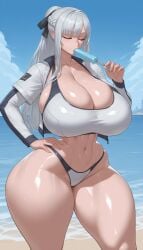 1girls ai_generated ak-12_(girls'_frontline) beach big_breasts bikini cleavage closed_eyes curvaceous curvy_female eating_food female female_only girls'_frontline hana_aera hand_on_hip holding_object hourglass_figure large_breasts light-skinned_female light_skin long_hair outdoors standing swimsuit thick thick_thighs two-piece_swimsuit venus_body voluptuous voluptuous_female water white_hair wide_hips