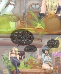 1boy 2girls big_ass big_breasts blonde_hair blue_eyes blue_hair crop_top dante_(devil_may_cry) devil_may_cry english_text fart fart_cloud fart_fetish farting farting_on_another fat_ass glasses huge_ass lady_(devil_may_cry) pizza sitting_on_desk toxixent trish_(devil_may_cry)