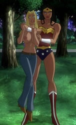 big_breasts black_hair blonde_hair blue_eyes breasts city dc_comics dcuaom edit female female_only gan_(artist) grab grabbing grabbing_from_behind grass large_breasts legs lipstick long_hair nipples screenshot screenshot_edit supergirl superman/batman:_apocalypse superman_(series) teeth topless tree wonder_woman wonder_woman_(series)