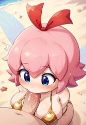 1boy 1girls ai_generated anonymous_male blowjob continuation fairy fairy_wings fellatio gold_bikini golden_bikini kirby_(series) kirby_64 kirby_64:_the_crystal_shards pink_hair red_ribbon ribbon_(kirby) sucking_penis surprised_expression