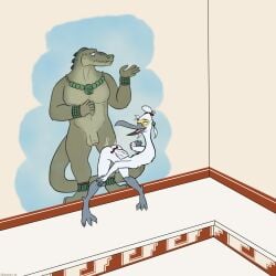 anklet anthro ass avian avian_feet balls barely_visible_genitalia bent_over bird bodily_fluids bracelet chilemeister countershade_torso countershading crocodile crocodilian digitigrade duo egretta facial_piercing feathers flattened foreskin genitals green_body green_scales grey_arms grey_legs hair hair_bun hand_on_knee hand_on_leg hand_on_wall heron hi_res inanimate_transformation jade_(gem) jewelry male male/male mayan mesoamerican_architecture mural muscular muscular_male necklace nervous nose_piercing open_mouth partially_retracted_foreskin pasaw_witz_chaahk_(chilemeister) pelecaniform penis piercing plantigrade reptile scales scalie shaking_butt smile snowy_egret sweat sweatdrop tail tail_feathers teasing transformation twerking wall_painting white_body white_feathers yax_uh_(chilemeister)