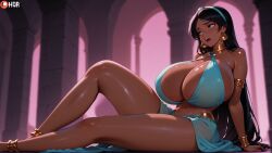ai_generated belly big_breasts big_thighs blue_eyes breasts dark-skinned_female dark_skin female huge huge_breasts legs long_hair long_legs princess_jasmine thighs