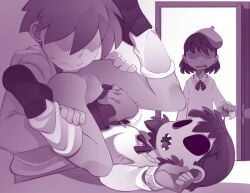 1boy 2girls ass beret bleedman female gyaru hair_over_eyes hat imminent_cunnilingus kogal lether_(bleedman) male monochrome monster_girl multiple_girls no_panties original pimple_(bleedman) pussy school_uniform sharp_teeth spread_legs straight sweater_vest teeth