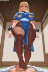 1boy 1girls ai_generated blonde_hair breasts chun-li_(cosplay) cosplay cum female female_only gyaru hi_res huge_breasts indoors kitagawa_marin light-skinned_female light_skin long_hair looking_at_viewer male on_back panties penis smile solo sono_bisque_doll_wa_koi_wo_suru street_fighter stuffyai thick_thighs thighs wide_hips