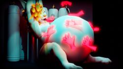 air_inflation ambiguous_gender anthro belly belly_expansion belly_inflation big_belly breasts claws digital_media_(artwork) disembodied_hand expansion fur ghost_hand glowing glowing_hands hair hi_res hose hose_in_mouth hose_inflation huge_belly hyper hyper_belly hyper_inflation inflation looking_at_viewer lunafolf_(vulper) mammal nude open_mouth orange_body orange_fur orange_hair simple_background solo thick_thighs vaqueroserg vulper white_body white_eyes white_fur