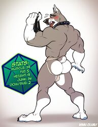 2019 5_fingers anthro ass biceps blush bulge canid canine canis clothed clothing collar d20 domestic_dog gay jockstrap kihu leash male male_only mammal muscular muscular_male open_mouth simple_background solo spiked_collar spikes standing stats submissive_male tongue tongue_out topless underwear white_background yaoi