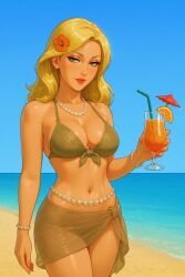 ai_generated beach bikini blonde_hair chatgpt flower_in_hair ocean pearl_necklace rgomez007 sarong swimsuit tropical_drink
