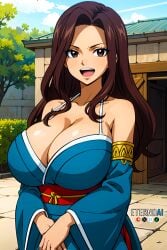 1girls ai_generated anime anime_girl anime_style armlet asian_clothing babe bare_shoulders beautiful beautiful_females blue_kimono brown_hair_female busty cana_alberona cleavage clouds curvy_female day eternoai fairy_tail fantasy female huge_breasts jewelry looking_at_viewer obi outdoors sexy smiling solo_focus upper_body voluptuous_female