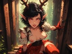 ai_generated antlers black_hair elf_ears eye_contact flirty partial_nudity pixie_cut red red_eyes short_hair teasing usebackdooronly zombiegamerist