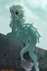 1girls ass ass_focus big_ass big_breasts big_butt big_eyes blonde_hair blue_skin breasts crab cute cute_face feet female female_focus female_only fins fish_girl fish_tail kaeritai07 low-angle_view monster_girl nightmare_waifu on_wall rear_view scales scalie_humanoid sharp_teeth solo solo_female solo_focus subete_ga_tsunagaru_basho_de tagme tail uo_(kaeritai07) wet wet_body wet_skin