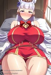 1female 1girls 2025 ai_generated animal_ears artist_name bangs bare_shoulders bed big_ass big_breasts blunt_bangs blush bow bowtie breasts closed_mouth curvy dress female gloves gold_ship_(umamusume) grey_hair hat hi_res high_quality high_resolution highres horse_ears horse_girl huge_ass huge_breasts indoors large_breasts long_hair looking_at_viewer lying on_back on_bed patreon patreon_username pillbox_hat pillow purple_eyes solo sweat thick_thighs thighs umamusume umamusume_pretty_derby unjobdespiert watermark white_gloves