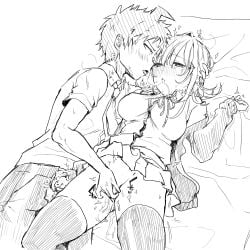 1boy after_kiss ahoge blush breasts brown_skirt collared_shirt danganronpa_(series) danganronpa_2:_goodbye_despair dress_shirt female fingering flipped_hair handjob highres hinata_hajime large_breasts looking_at_another mizu_matawa_nurumayu nanami_chiaki neck_ribbon necktie pants pillow ribbon saliva saliva_trail shirt short_sleeves skirt spiked_hair straight thighhighs trembling