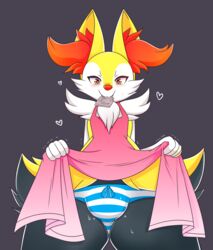 1boy 2018 anthro apron black_background blush braixen bulge canine clothed clothing clothing_lift condom condom_in_mouth crossdressing dress dress_lift femboy fur furry girly heart heart-shaped_pupils looking_at_viewer male male_only mammal nikkibunn nintendo panties pokémon_(species) pokemon pokemon_(species) pokemon_xy presenting red_eyes seductive simple_background smile solo striped_panties stripes sweat thick_thighs trap underwear video_games white_fur wide_hips yellow_fur