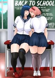 2girls ai_generated ass ass_focus bangs big_breasts blackboard boruto:_naruto_next_generations breasts byakugan female female_focus female_only headband headgear highres hyuuga_hinata naruto naruto_(series) naruto_shippuden narutofillers patreon pink_hair promotional_art sakura_haruno school_desk school_uniform schoolgirl skirt stockings thicc thick_thighs voluptuous voluptuous_female