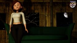 3d artist_name breasts brown_eyes brown_hair clothed couch darkcet disney female female_only front_view helen_parr highres human indoors medium_breasts milf moon navel night open_mouth pixar short_hair smooth_skin solo source_filmmaker standing the_incredibles thick_thighs watermark wide_hips