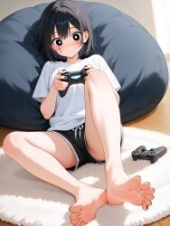 ai_assisted ai_generated bare_legs barefoot bean_bag_chair black_eyes black_hair black_nails black_shorts blush camera controller feet female foot_focus game_console game_controller gamepad handgun holding holding_camera holding_controller holding_game_controller looking_at_viewer mole mole_under_eye nail_polish nintendo_switch pillow playing_games playstation_controller remote_control shirt shoes shoes_removed short_hair shorts sitting socks_removed soles solo sweat sweatdrop t-shirt toe_scrunch toenail_polish toenails toes