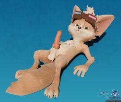 3_toes 3d_(artwork) 4_fingers animal_genitalia anthro balls bedroom_eyes big_ears black_nose blender_(artwork) blue_eyes canid canine canine_genitalia chip_(mlbb) claws countershading cyan_background digital_media_(artwork) english_text erection feet fennec_fox fingers fox fur genitals hi_res knot looking_at_viewer lying male mammal narrowed_eyes nude on_back paws penis pink_penis rasterraccoon seductive simple_background size_difference smaller_male smile solo tan_body tan_fur text toes true_fox watermark