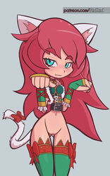 1girls aqua_eyes ass ass_visible_through_thighs bedroom_eyes bell bell_collar belt blush bottomless cat_ears cat_tail choker collar cute_fang detached_sleeves fang female_only fingerless_gloves fur_trim gloves hairless_pussy half-closed_eyes long_gloves long_hair looking_at_viewer maeve_(paladins) merrymaker_maeve navel no_panties nose_blush open_clothes open_jacket paladins plain_background pussy raised_eyebrows shaved_pussy simple_background solo standing stuffted thigh_gap thighhighs thin_waist underwear