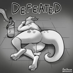 absurd_res anthro ass biped bodily_fluids bottle container cum feet female floor genital_fluids hi_res horn leaking_cum lying nude on_side pink_prawn rummy_(pink_prawn) scalie solo_focus tail tentacle text thick_thighs translucent yamcha_death_pose
