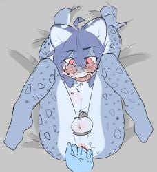 ahe_gao ahoge anal anal_fingering anal_fluids anthro anus ass ball_tuft balls balls_blush blue_body blue_fur blue_hair blush blush_lines bodily_fluids body_blush chastity_cage chastity_cage_only chastity_device chastity_device_only chest_tuft cute_fangs disembodied_hand ejaculation eyewear fangs felid fingering fingers fur genitals glasses grabbing_sheets hair hands-free hands_behind_head high-angle_view kemono legs_in_air legs_up leopard_spots looking_pleasured male mammal nipples nude nude_anthro nude_male open_mouth pantherine pink_eyes prostate prostate_stimulation raised_leg round_glasses shen_(snepause) simple_background snepause snow_leopard spots spread_legs spreading tears teeth tuft wearing_chastity_cage wearing_chastity_device