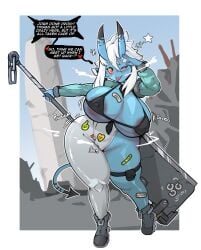 2025 2_horns areola asian_mythology big_breasts black_bikini_top blue_body blue_skin blush bottomwear breasts clothing curvy_figure demon dialogue east_asian_mythology english_text female footwear gesture hair heart_symbol hi_res holding_object holding_weapon horn hourglass_figure huge_breasts humanoid japanese_mythology looking_at_viewer melee_weapon mihoyo mythology nipple_outline not_furry oni pants salute shoes short_stack shrug_(clothing) solo soukaku spade_tail speech_bubble tail text the_varking thevarking thick_thighs thigh_pouch tongue tongue_out weapon white_bottomwear white_clothing white_hair white_pants wide_hips yellow_eyes yokai zenless_zone_zero