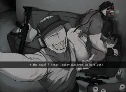 2boys anal anal_sex anal_sex caught caught_in_the_act deformed_face deimos_(madness_combat) gay gay_anal gay_sex hank_j._wimbleton madness_combat male male/male male_focus male_only male_penetrated male_penetrating male_penetrating_male metal_jaw muscular muscular_male no_visible_genitalia riding riding_penis sanford_(madness_combat) scar scars stitches sweat_stain sweating sweaty waxxeddoghouse