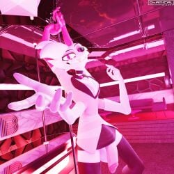 4_arms absurd_res angel_dust angel_dust_(hazbin_hotel) anthro arachnid arthropod balls clothing dancing demon digital_media_(artwork) erection fur genitals hair hazbin_hotel hellaverse hi_res looking_at_viewer male multi_arm multi_limb okamical penis pole pole_dancing smile solo spider stripper stripper_pole teeth toothy_grin toothy_smile wardrobe_malfunction white_body