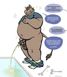angry annoyed anthro asinus balls belly big_belly bodily_fluids bottomwear bottomwear_down brown_body brown_hair chunkolilt clothed clothing donkey english_text equid equine footwear foreskin genital_fluids genitals hair hammer hi_res holding_penis horse male mammal musk musk_clouds navel pants pants_down partially_clothed peeing peeing_into_pool penis pool poolside public public_nudity public_peeing smile smiling_at_viewer smirk smirking_at_viewer socks solo speech_bubble tail text tools toothy_smile urine wrench
