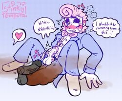 2boys anon anonymous_male bloodmoney blue_clothing blue_eyes blush bowtie cum cumming dialogue embarrassed erection fully_clothed gradient_background grinding harvey_harvington heart heart_symbol love_heart moaning penis pink_hair scat self_insert socks soiled soiling soiling_pants speech_bubble stinkslutbunny stinky sweat thought_bubble watermark white_skin