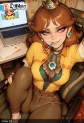 2d ai_generated artist_name barefoot blue_eyes breasts brown_hair computer crown dollmaker dollmaker_(artist) earrings female jewelry long_hair looking_at_viewer mario_(series) medium_breasts monitor mouth_hold nintendo overalls paper patreon_username pen pencil princess_daisy smile solo super_mario_bros. super_smash_bros. tagme watermark web_address yellow_dress yellow_shirt