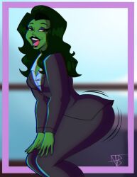 black_hair breasts cleavage dark_skin female formal green_hair jacket lips lipstick long_hair makeup medium_breasts pencil_skirt solo suit