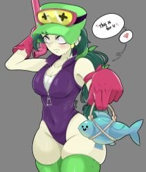 alli_(brawl_stars) alligator big_breasts blush brawl_stars breasts female fish gift green_hair green_skin hat long_hair pale_skin swimsuit