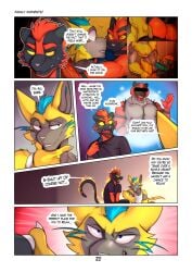 absurd_res anthro balls biped black_body black_fur blue_body blue_eyes blue_fur blue_penis bryan_(zourik) clothed clothing comic dialogue dylan_(zourik) english_text erection fur generation_7_pokemon genitals grey_body group hi_res incineroar legendary_pokemon male multicolored_body multicolored_fur nintendo nude_anthro nude_male penis pokemon pokemon_(species) red_eyes standing teeth text tongue torracat yellow_body yellow_fur yellow_sclera zeraora zourik