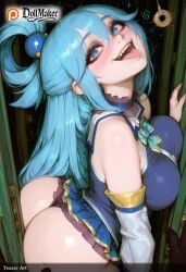 ai_generated aqua_(konosuba) artist_name ass bare_shoulders blue_eyes blue_hair blush breast_press breasts coin detached_sleeves dollmaker dollmaker_(artist) drooling drunk female hair_ornament hair_rings heart heart-shaped_pupils hypnosis large_breasts long_hair looking_at_viewer mind_control open_mouth panties patreon_logo patreon_username smile solo straight symbol-shaped_pupils tagme thong tongue tongue_out watermark web_address