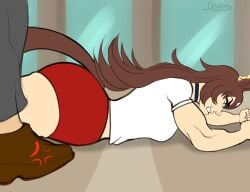 devais sirius_symboli_(umamusume) umamusume imminent_sex questionable_consent surprised tomboy big_ass gripping_ass angry angry_expression animated horse_girl straight maledom femsub muscular_female trainer_(umamusume) pantsed shorts long_hair