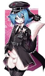 abstract_background absurd_res anthro balls belt big_tail black_clothing black_jacket black_topwear blue_hair blush bone bottomless cloak clothed clothing eyebrows eyelashes facial_markings femboy fingerless_gloves fishnet_clothing fishnet_legwear fluffy fluffy_ears fur gender_symbol genitals german_text gloves hair handwear hat head_markings headgear headwear hi_res humanoid_genitalia humanoid_penis jacket leather legwear looking_at_viewer male male_symbol markings military military_cap military_uniform moisha_(tweenstrip) multicolored_body multicolored_fur necktie penis sex_toy shirt skull skull_and_crossbones smile smiling_at_viewer solo symbol tail text topwear tunic tweenstrip uniform whip white_body white_clothing white_fur white_shirt white_topwear