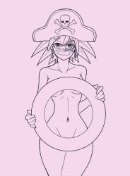 1girls belly_button blush blush_lines breasts completely_nude convenient_censoring covered_breasts covered_nipples covered_pussy covering_self earrings embarrassed embarrassed_nude_female embarrassed_smile enf face_paint female female_only gyakuten_saiban hat innertube navel nude nude_female orangemint_4444 pirate_hat pussy sasha_buckler simple_background sketch solo_female source tagme toned toned_female uc-four