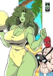 1boy 1girls artist_logo ball beach big_breasts breasts busty camera cleavage female green_eyes green_hair green_skin hips jennifer_walters killerghost male marvel marvel_comics mask muscular muscular_female muscular_male one-piece_swimsuit peter_parker she-hulk spider-man swimsuit thick_thighs