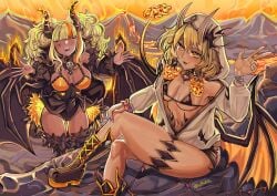balrog_(monster_girl_encyclopedia) bikini_top demon demon_wings detailed_background ecchi female female_only fire gyaru horns lava lionrion magma monster_girl_encyclopedia not_porn pyrow_(monster_girl_encyclopedia) red_skin succubus