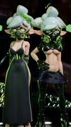 2girls 3d alternate_costume arms_behind_back blender breasts cleavage detached_sleeves dress elbow_gloves female female_focus female_only food_on_head gas_mask glitter green_eyes hand_on_hip hat high_heels jealous_look leather leather_boots leather_clothing leather_gloves leather_pants leather_topwear light-skinned_female light_skin long_gloves looking_at_another marie_(splatoon) marie_(wo262) midriff navel nonexister octo_marie panties same_character skirt spiked_belt spiked_bracelet spiked_collar splatoon splatoon_2 standing stockings sweat sweatdrop thighhighs underboob wet wet_body wet_skin white_hair wo262_(3d_model_style)